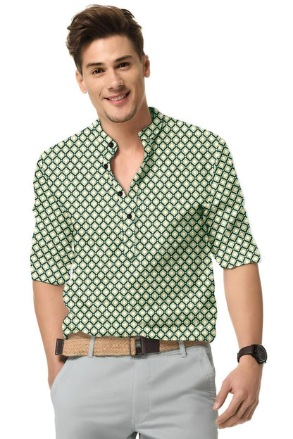 Men's Printed Spread Collar Casual Shirt Green & Cream
